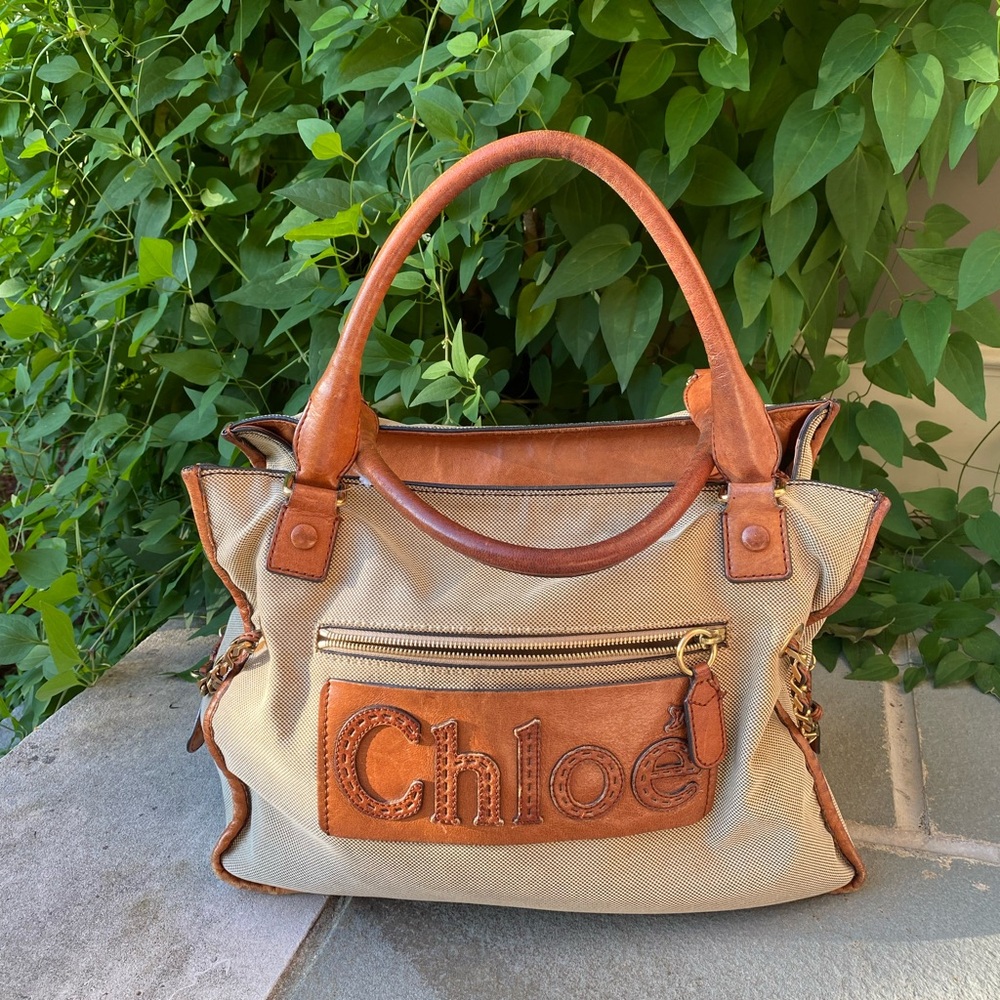 Chloe Vintage Brown and Cream Satchel Large Canvas Leather Amazing SUPER RARE!!